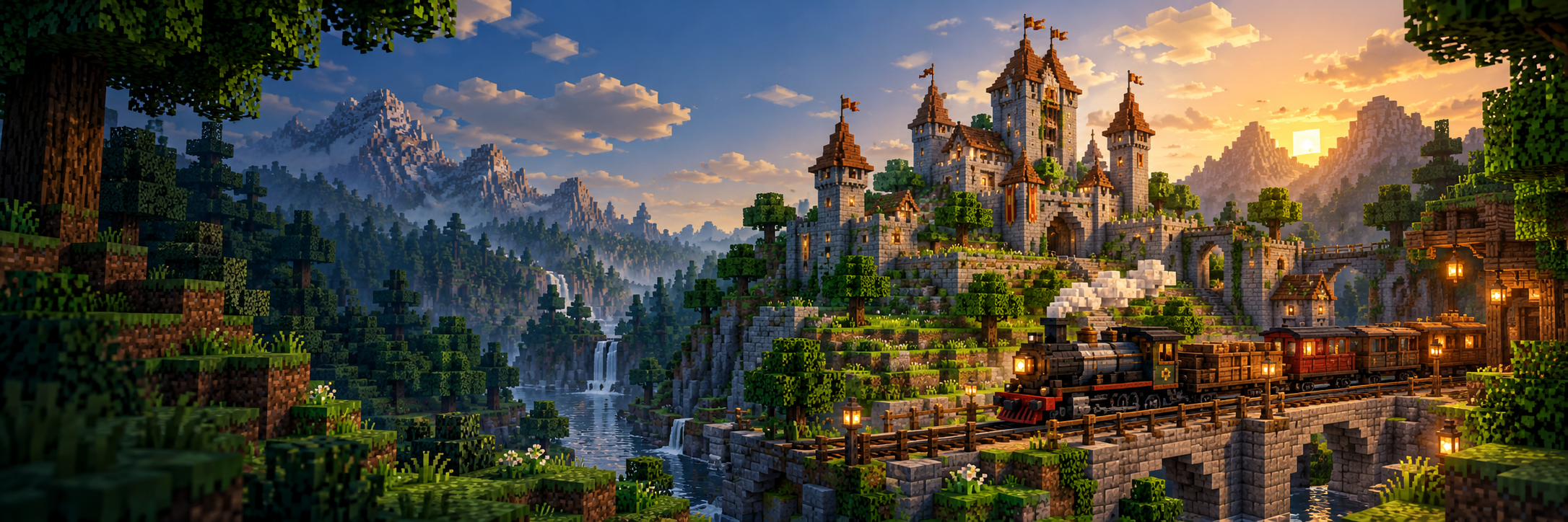 A block-world castle and railway in warm evening light